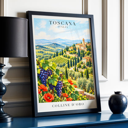 Tuscan Golden Hills, green, blue, beige nature wall art displayed in a styled interior, gallery view 6