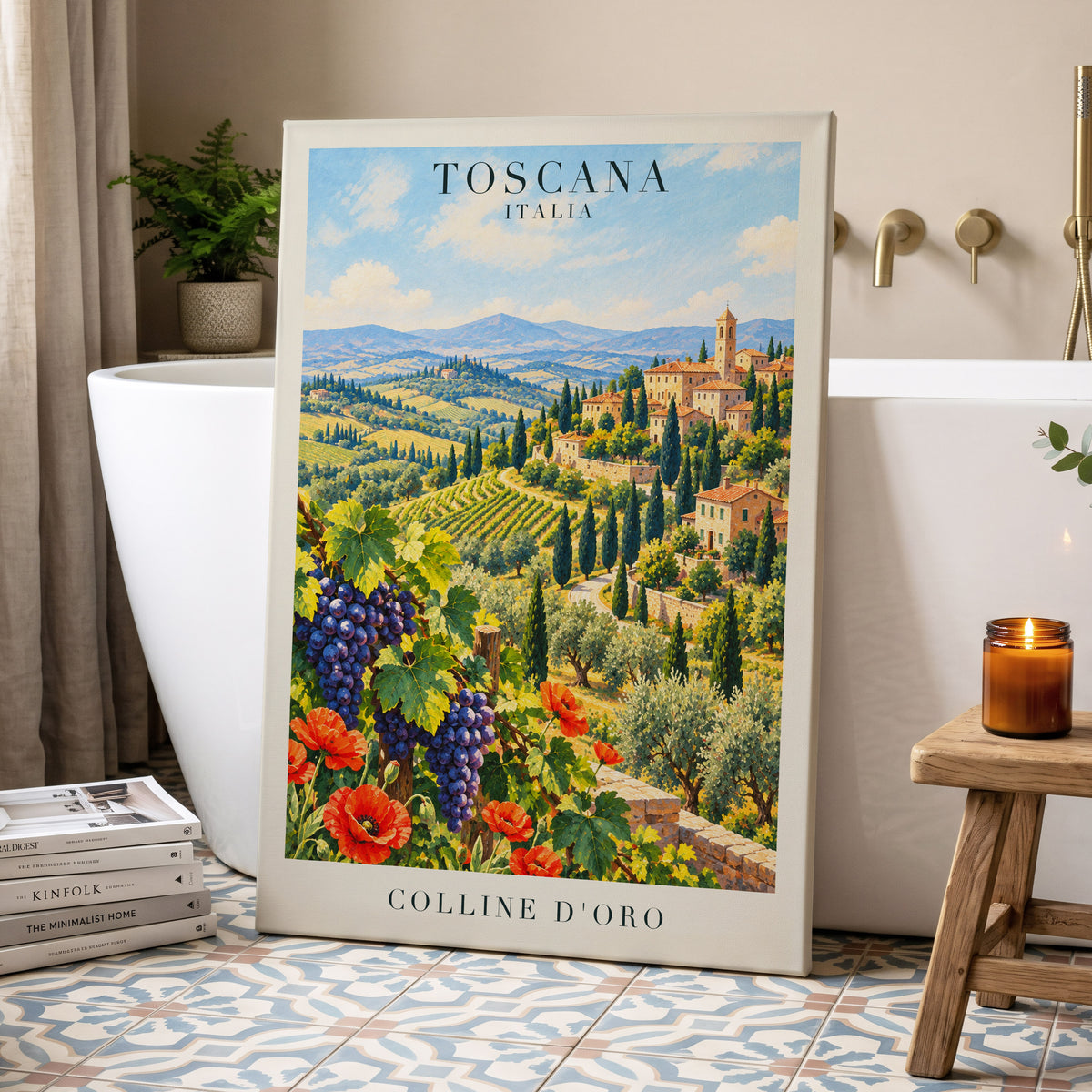 Tuscan Golden Hills, green, blue, beige nature wall art displayed in a styled interior, gallery view 7
