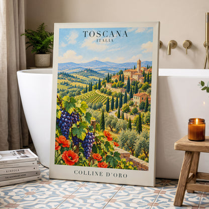 Tuscan Golden Hills, green, blue, beige nature wall art displayed in a styled interior, gallery view 7