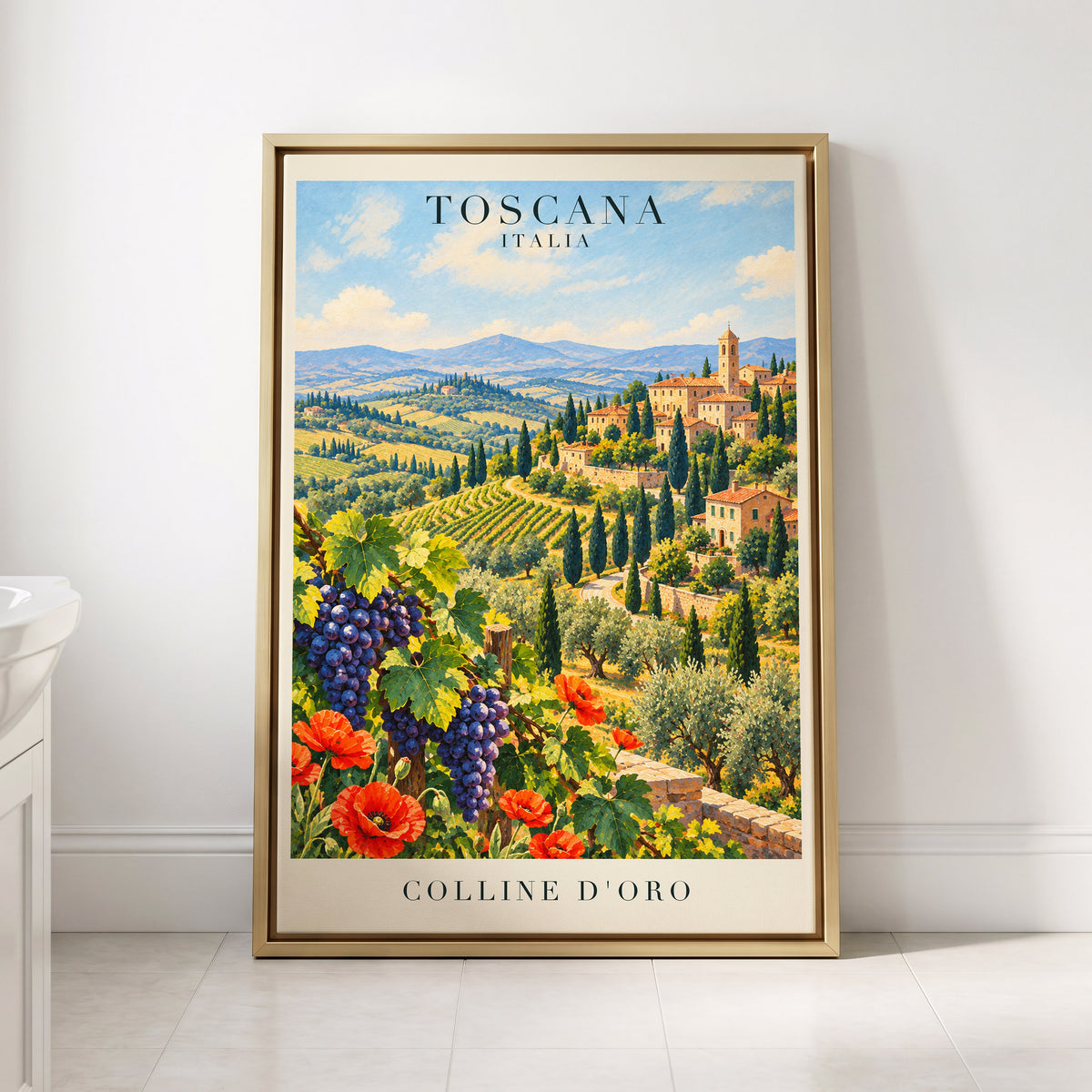 Tuscan Golden Hills, green, blue, beige nature wall art displayed in a styled interior, gallery view 8