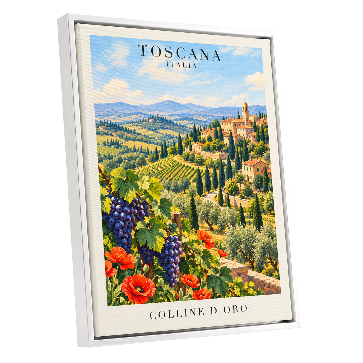 Tuscan Golden Hills, green, blue, beige nature wall art shown as a white framed canvas wall art