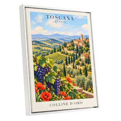 Tuscan Golden Hills, green, blue, beige nature wall art shown as a white framed canvas wall art