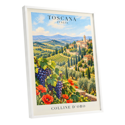 Tuscan Golden Hills, green, blue, beige nature wall art shown as a white framed poster wall art print