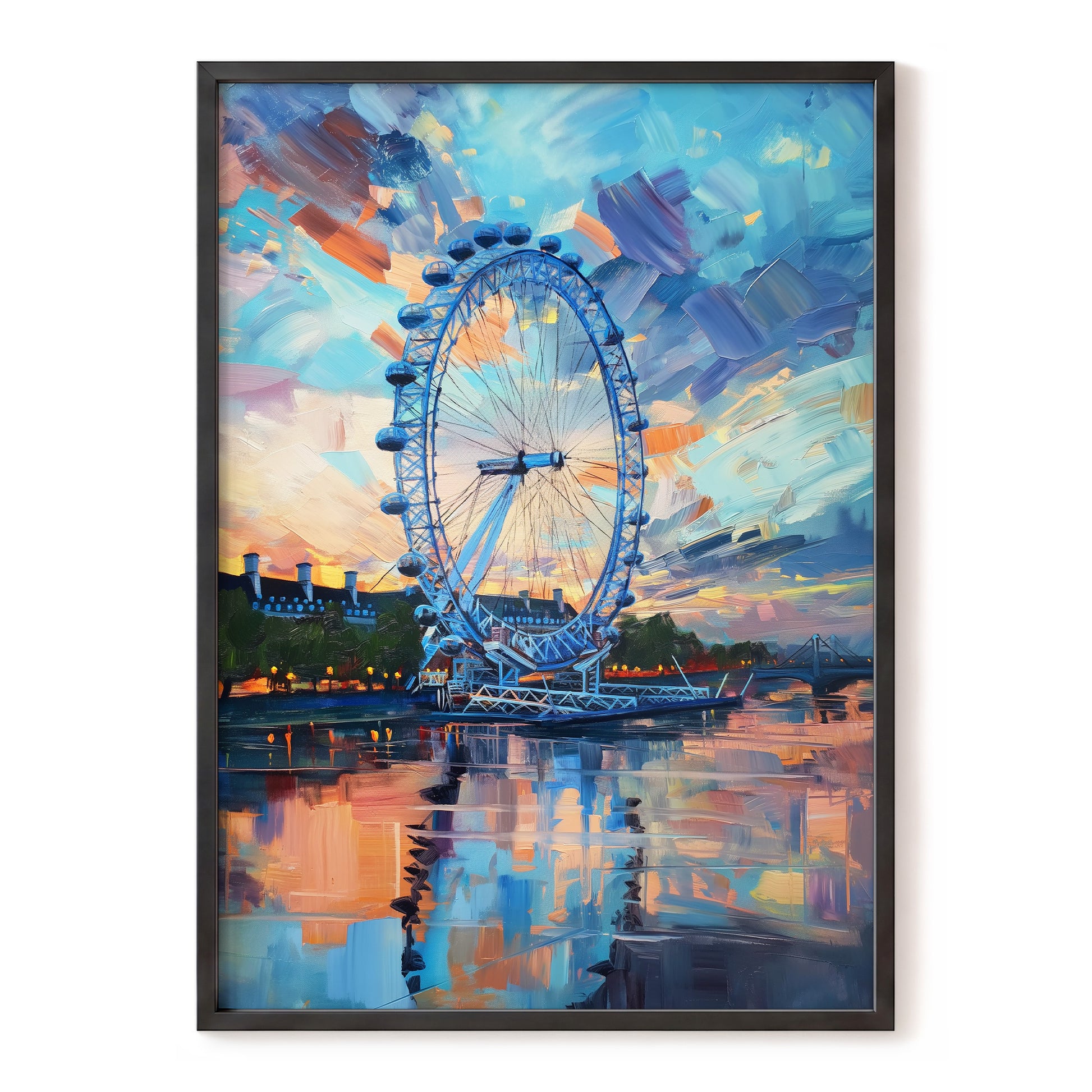Twilight on the Thames, blue, orange, beige abstract wall art, front artwork view