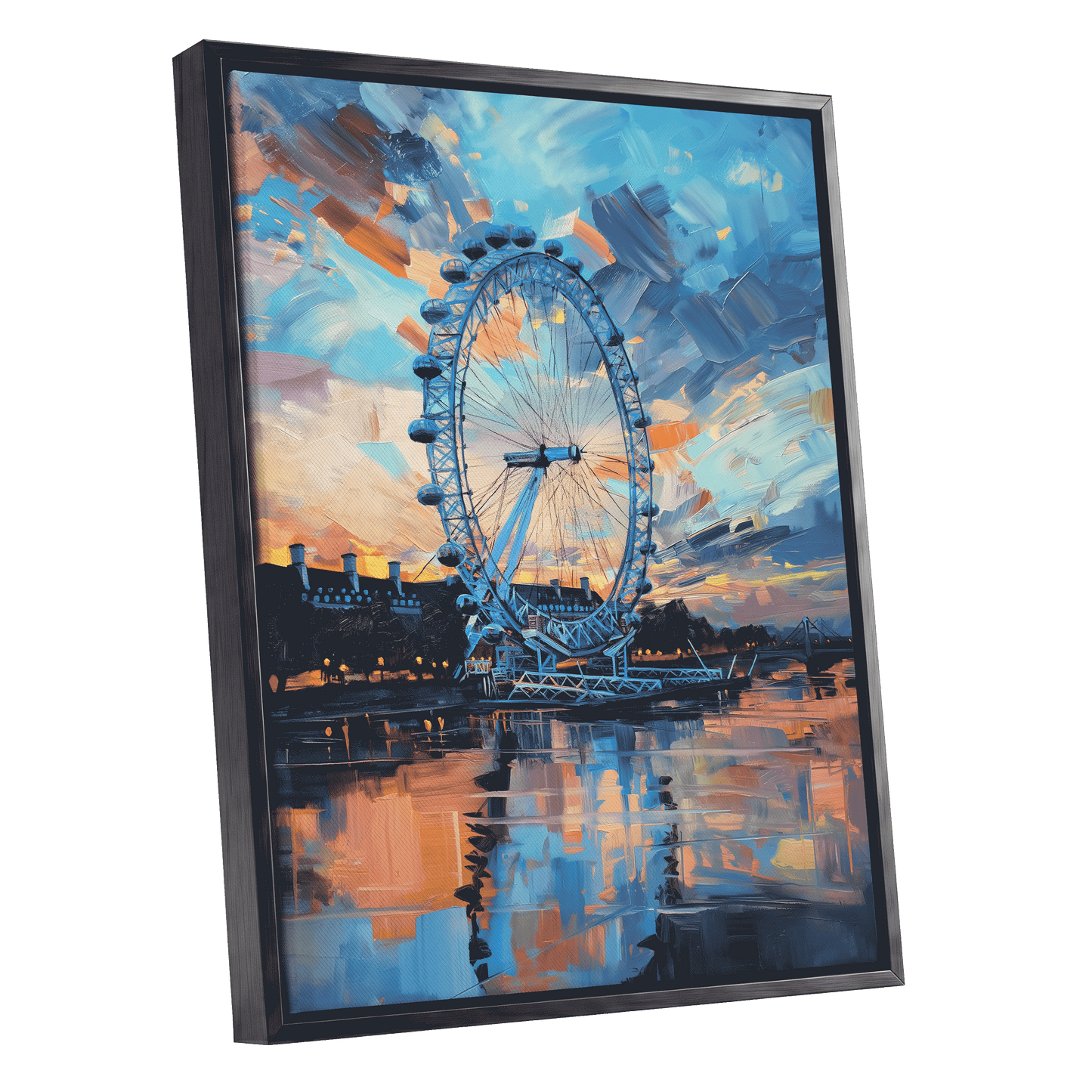 Twilight on the Thames, blue, orange, beige abstract wall art shown as a black framed canvas wall art