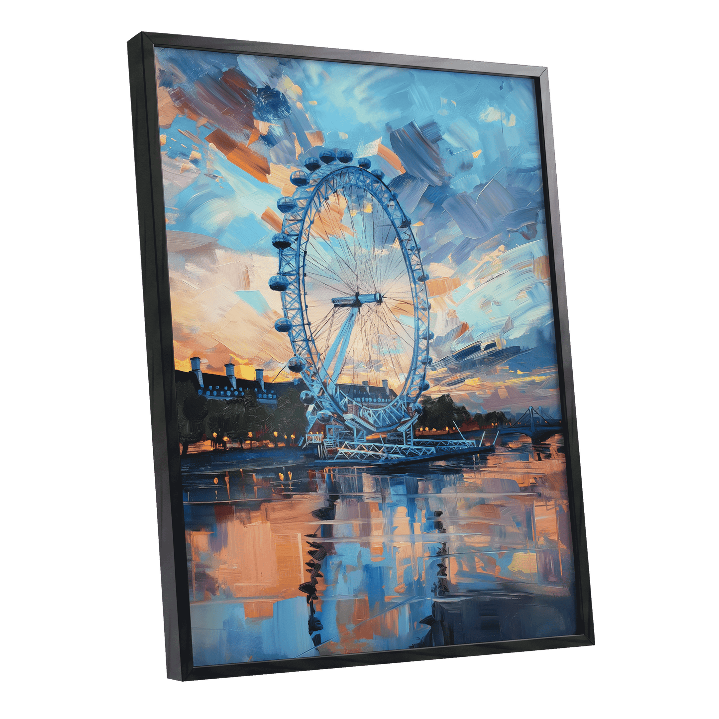 Twilight on the Thames, blue, orange, beige abstract wall art shown as a black framed poster wall art print