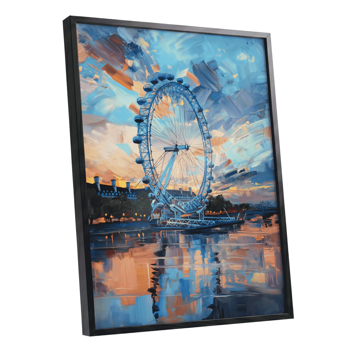 Twilight on the Thames, blue, orange, beige abstract wall art shown as a black framed poster wall art print