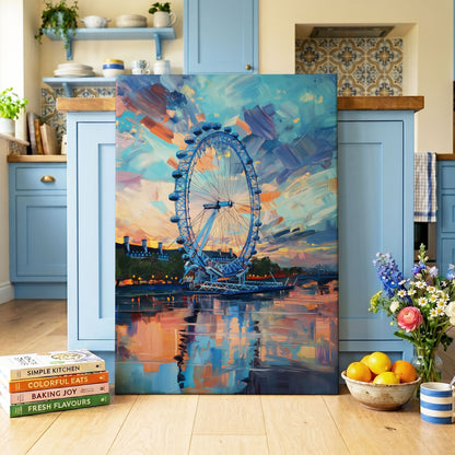 Twilight on the Thames, blue, orange, beige abstract wall art on canvas displayed in a styled interior, gallery view 1