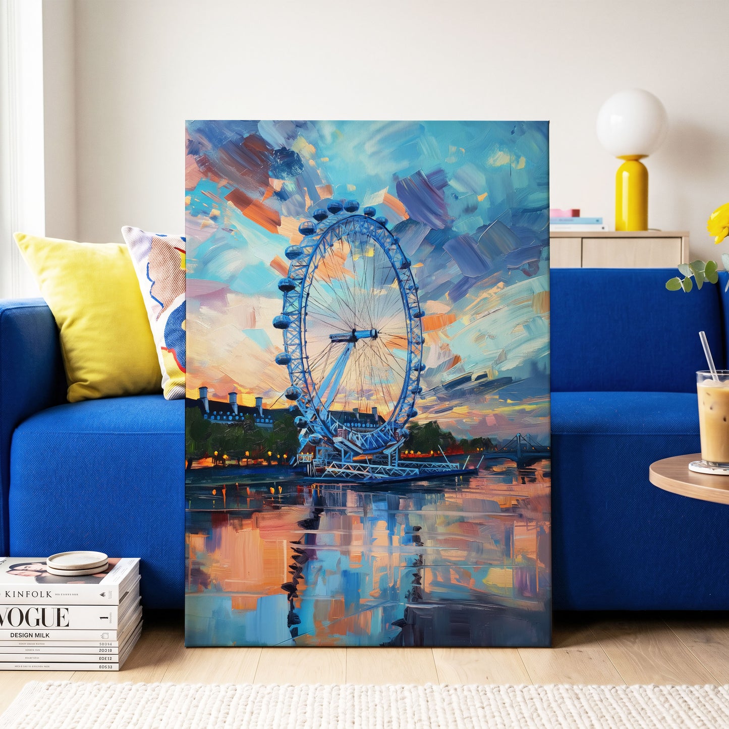 Twilight on the Thames, blue, orange, beige abstract wall art on canvas displayed in a styled interior, gallery view 2