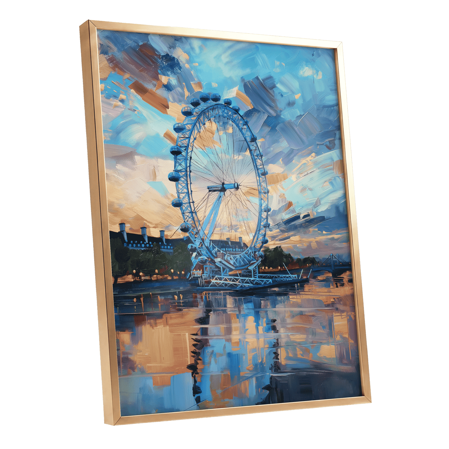 Twilight on the Thames, blue, orange, beige abstract wall art shown as a gold framed poster wall art print