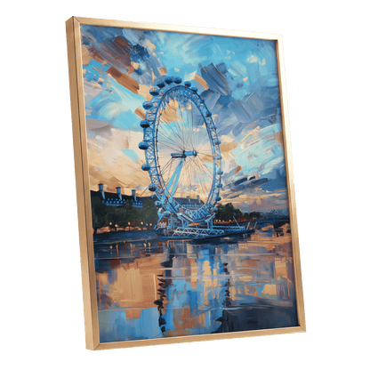 Twilight on the Thames, blue, orange, beige abstract wall art shown as a gold framed poster wall art print