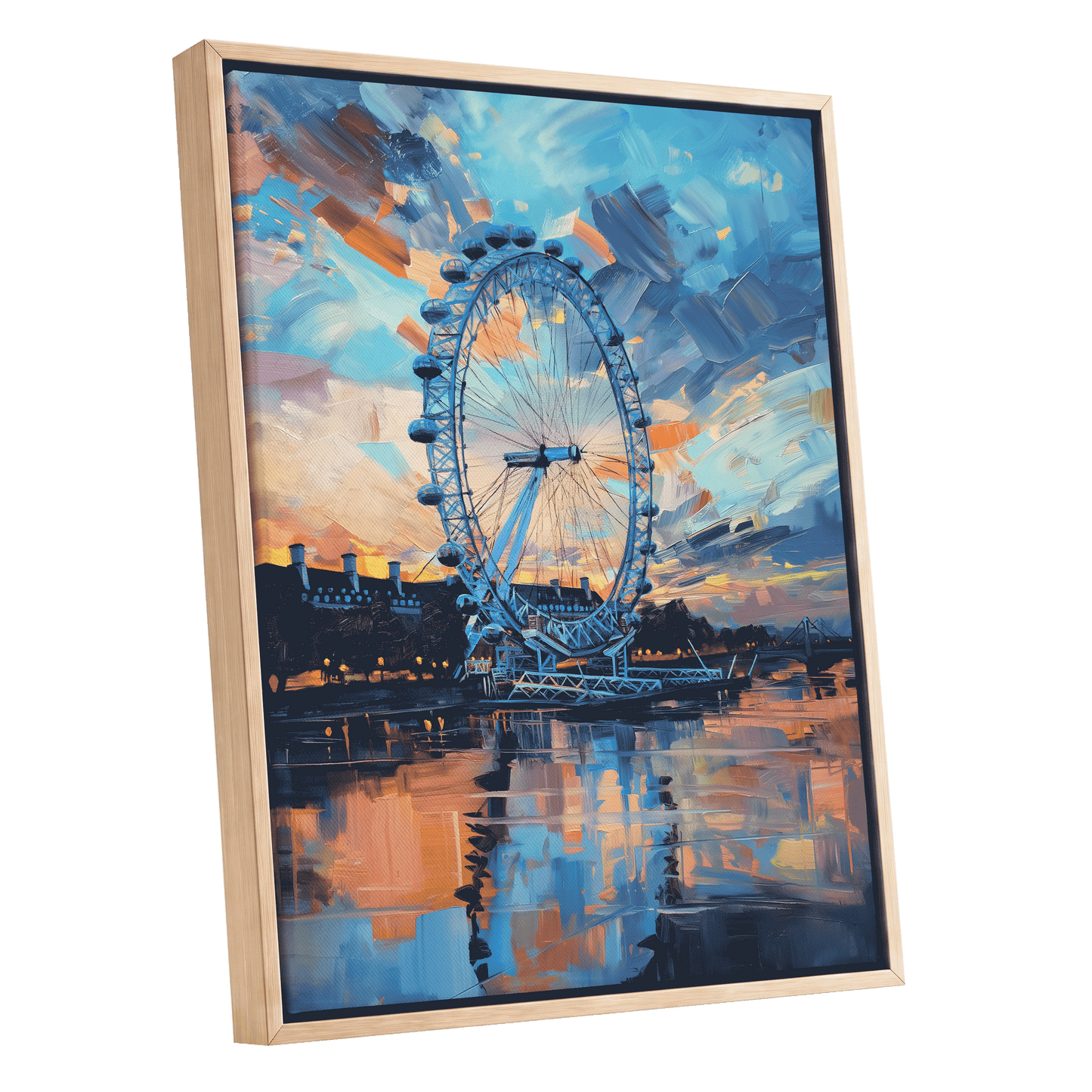 Twilight on the Thames, blue, orange, beige abstract wall art shown as a oak framed canvas wall art