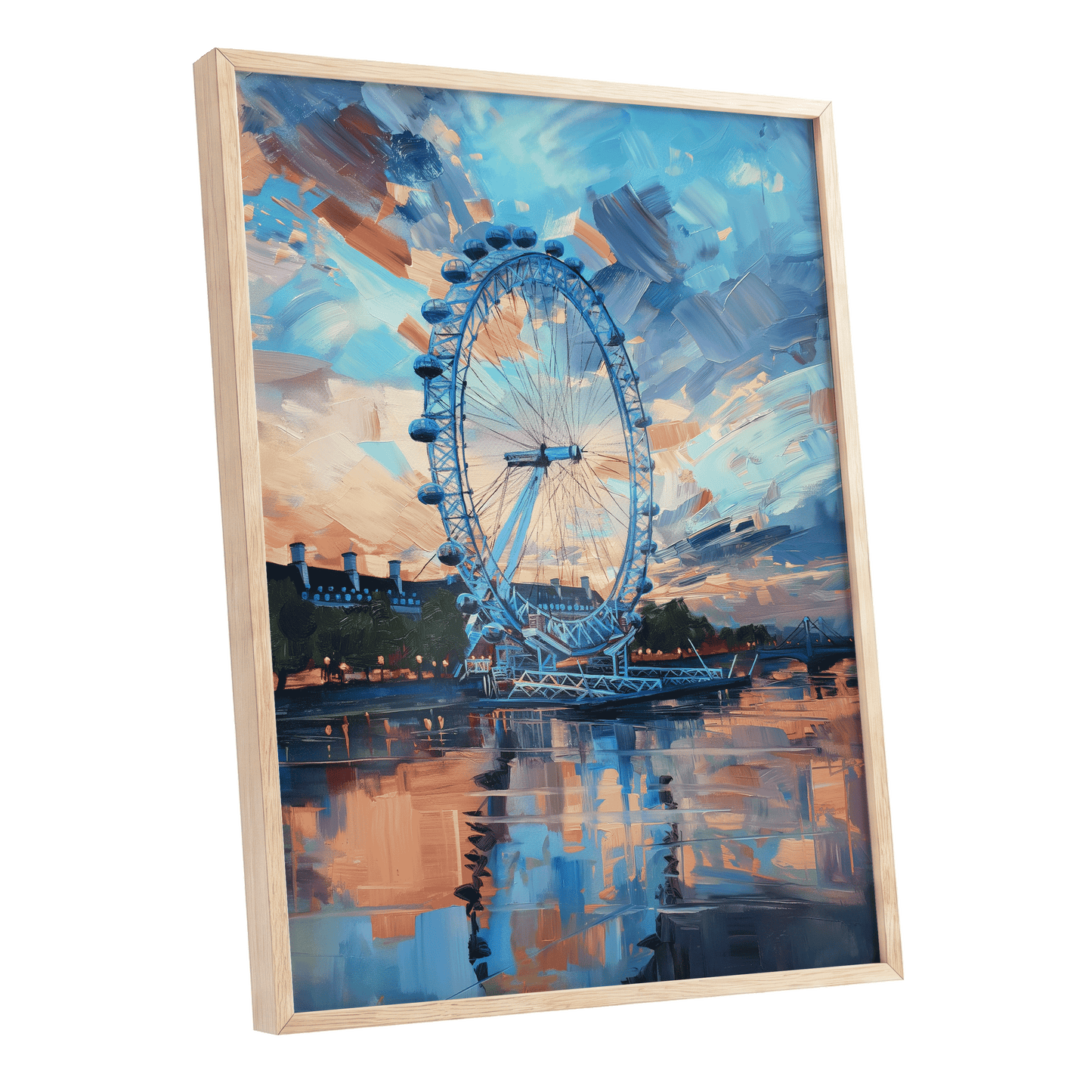 Twilight on the Thames, blue, orange, beige abstract wall art shown as a oak framed poster wall art print