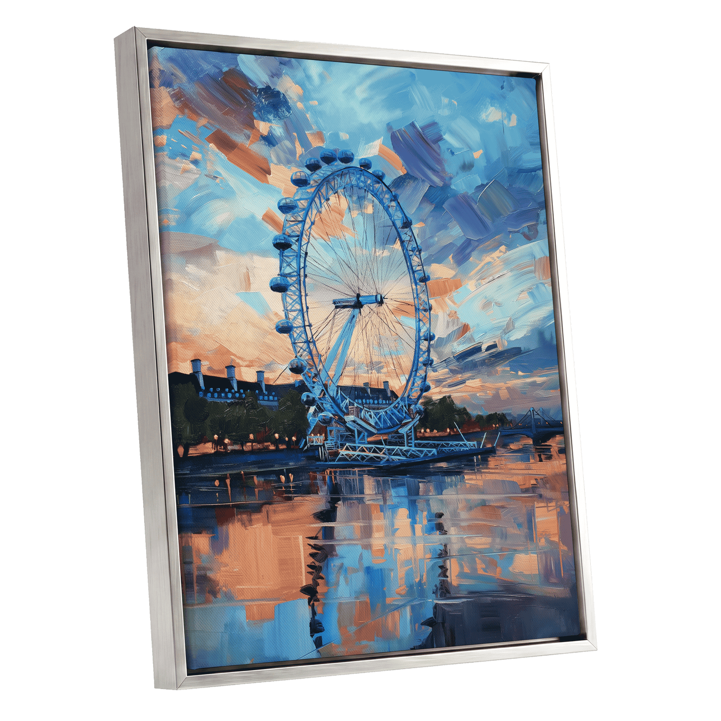 Twilight on the Thames, blue, orange, beige abstract wall art shown as a silver framed canvas wall art