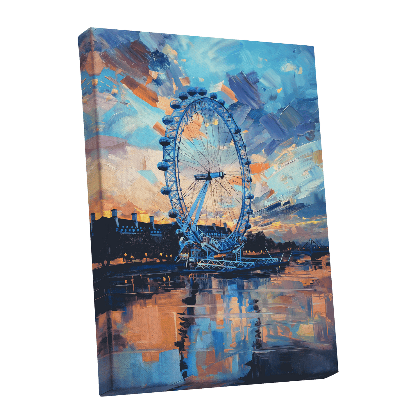 Twilight on the Thames, blue, orange, beige abstract wall art shown as a stretched canvas wall art