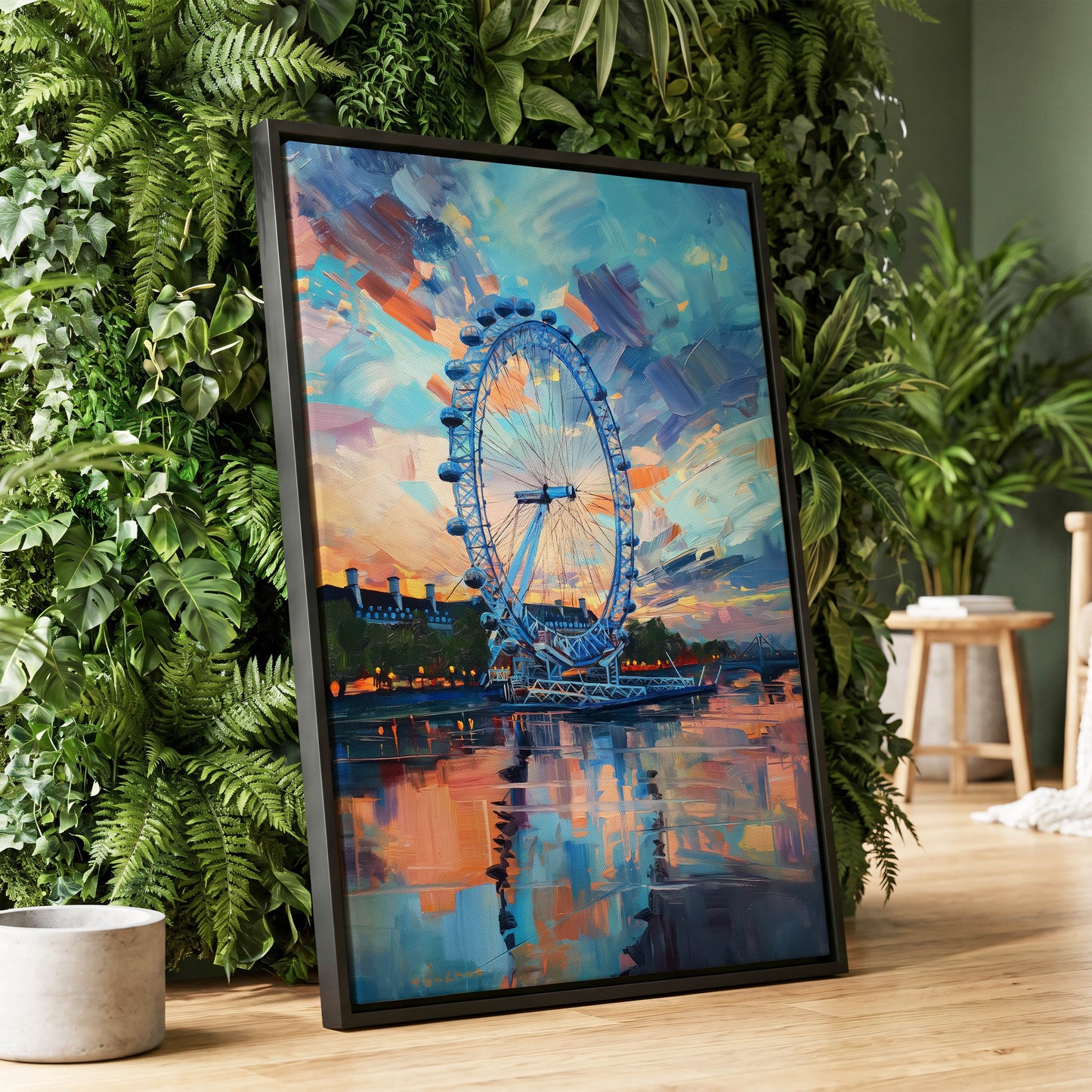 Twilight on the Thames, blue, orange, beige abstract wall art displayed in a styled interior, gallery view 1