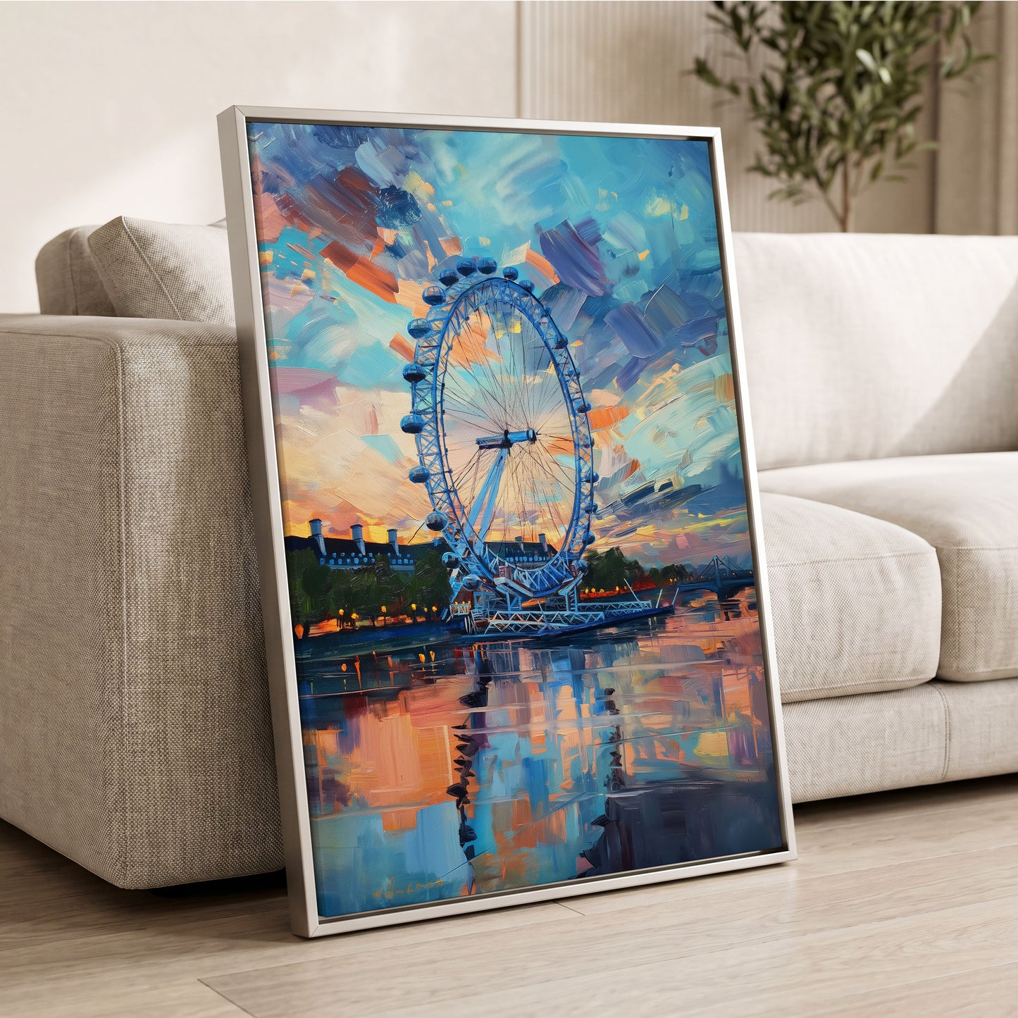 Twilight on the Thames, blue, orange, beige abstract wall art displayed in a styled interior, gallery view 2