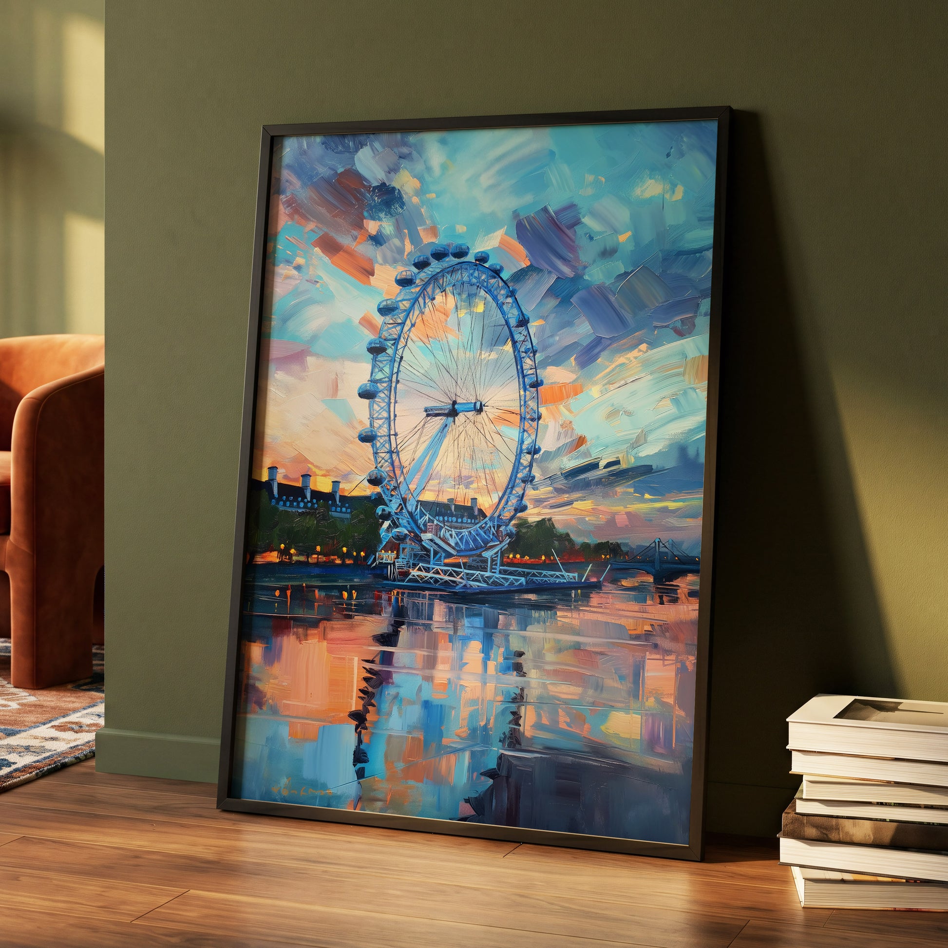 Twilight on the Thames, blue, orange, beige abstract wall art displayed in a styled interior, gallery view 4