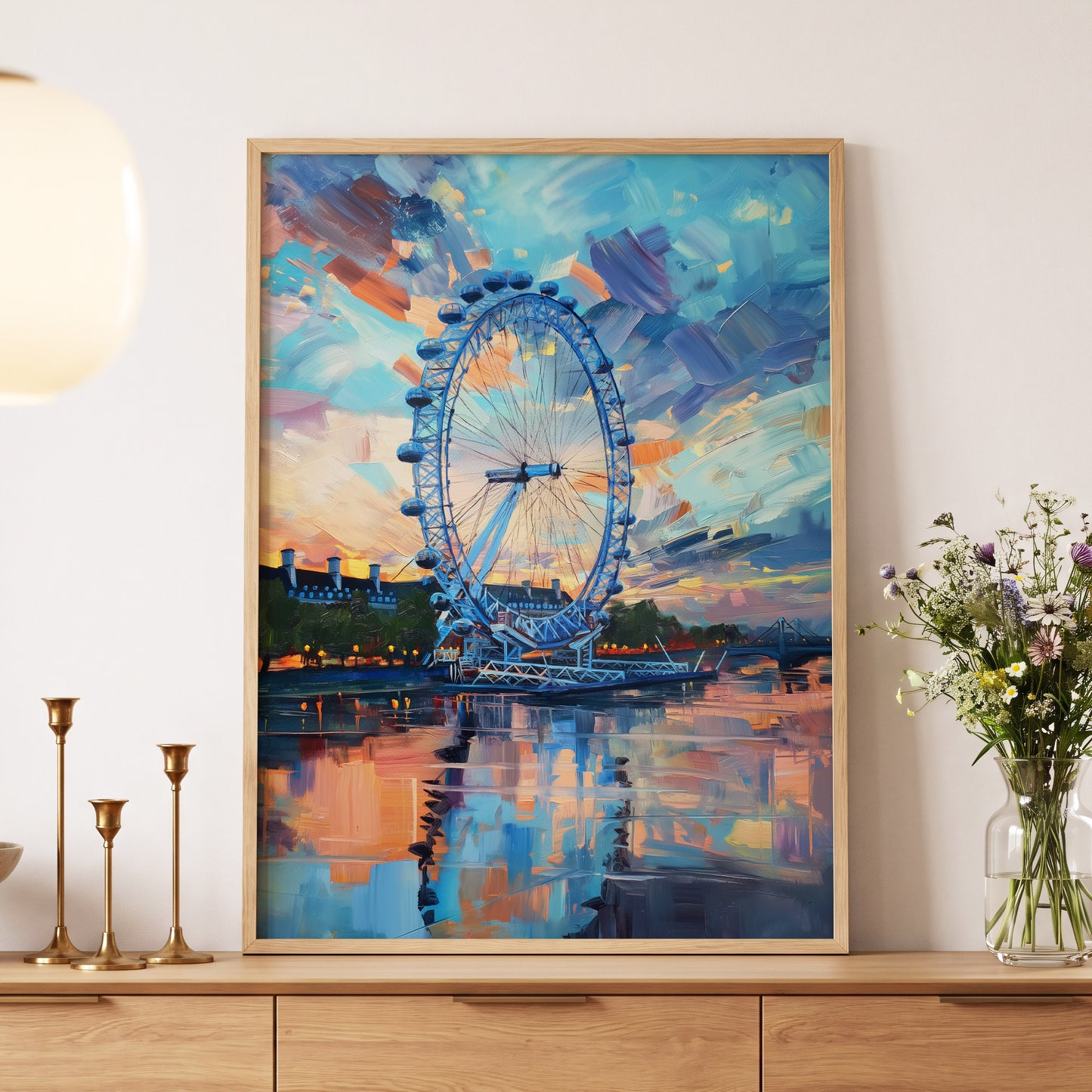 Twilight on the Thames, blue, orange, beige abstract wall art displayed in a styled interior, gallery view 5