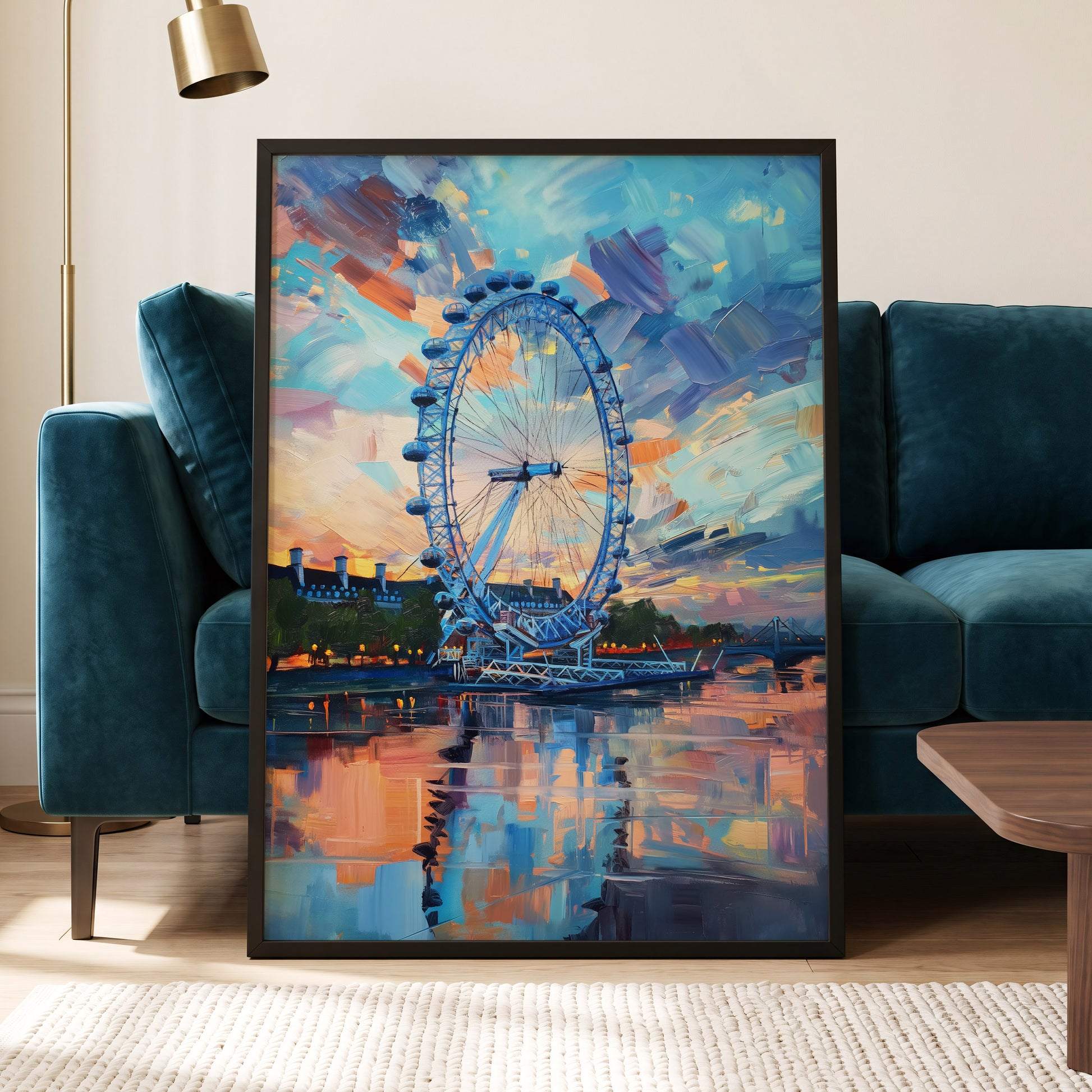 Twilight on the Thames, blue, orange, beige abstract wall art displayed in a styled interior, gallery view 6