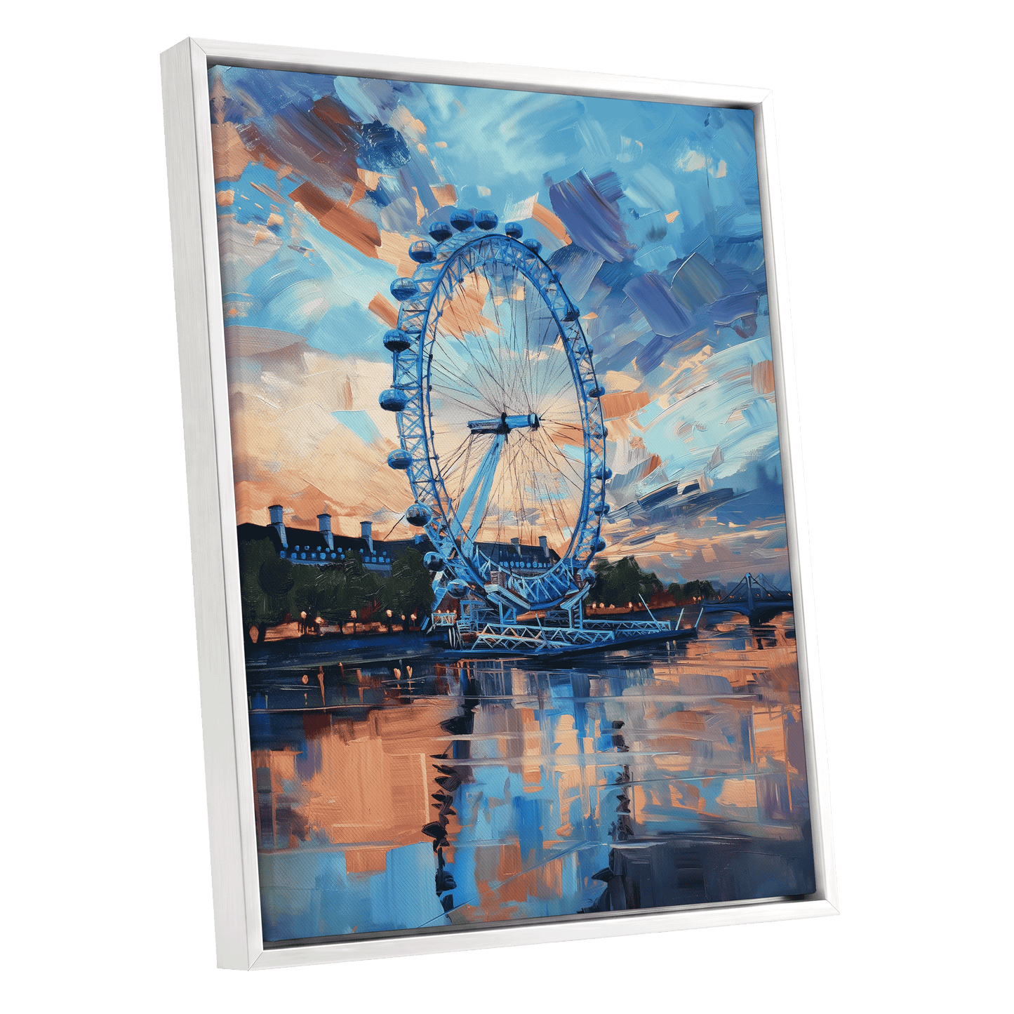 Twilight on the Thames, blue, orange, beige abstract wall art shown as a white framed canvas wall art