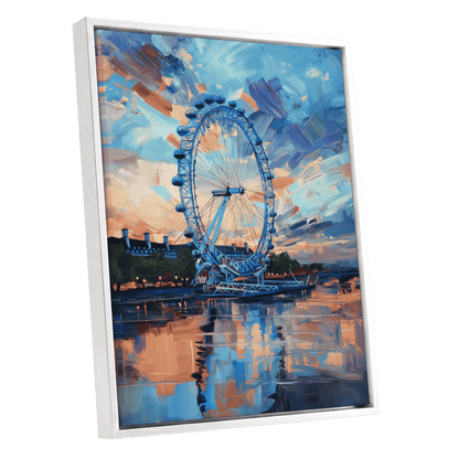 Twilight on the Thames, blue, orange, beige abstract wall art shown as a white framed canvas wall art