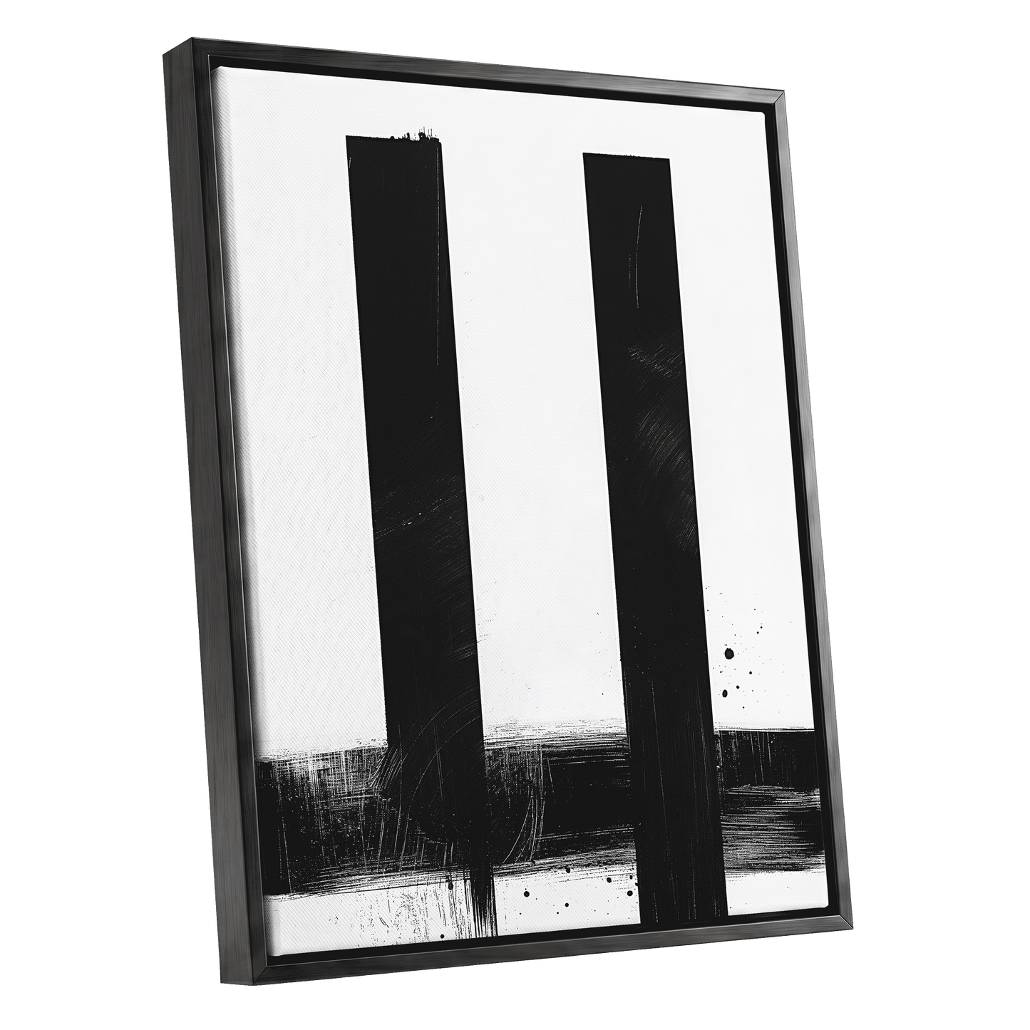 Twin Vertical Silence, black, white minimalist wall art shown as a black framed canvas wall art
