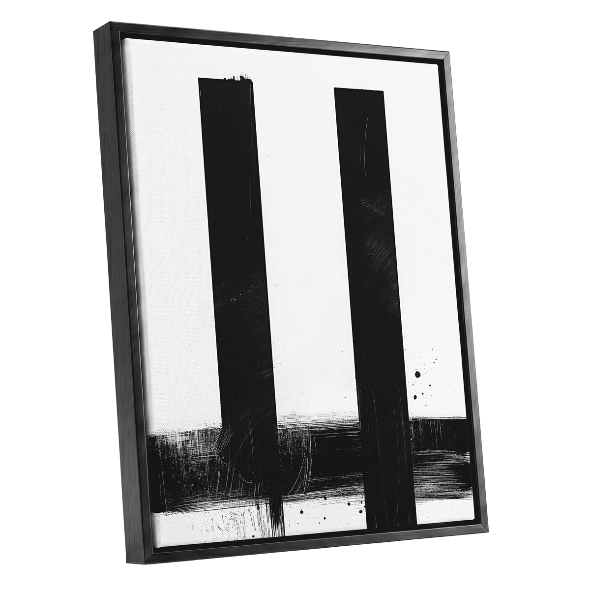 Twin Vertical Silence, black, white minimalist wall art shown as a black framed canvas wall art