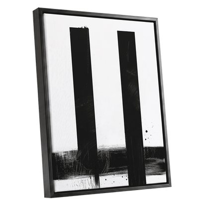 Twin Vertical Silence, black, white minimalist wall art shown as a black framed canvas wall art
