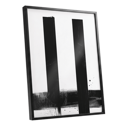 Twin Vertical Silence, black, white minimalist wall art shown as a black framed poster wall art print