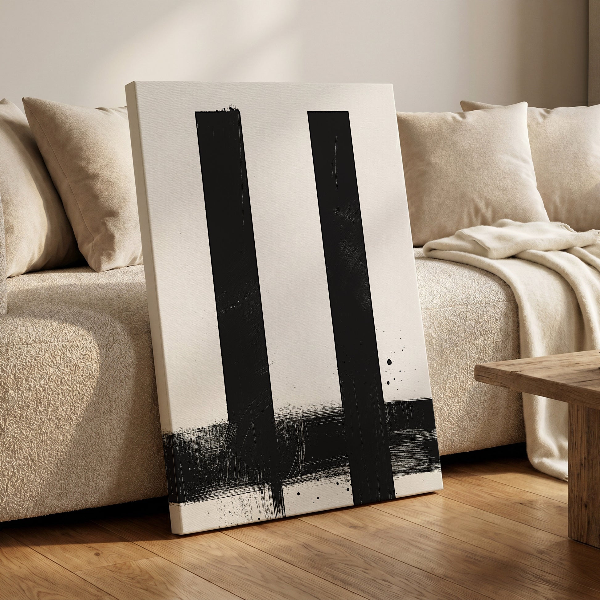 Twin Vertical Silence, black, white minimalist wall art on canvas displayed in a styled interior, gallery view 1
