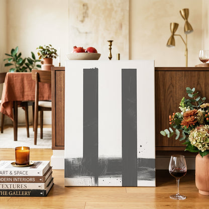 Twin Vertical Silence, black, white minimalist wall art on canvas displayed in a styled interior, gallery view 2