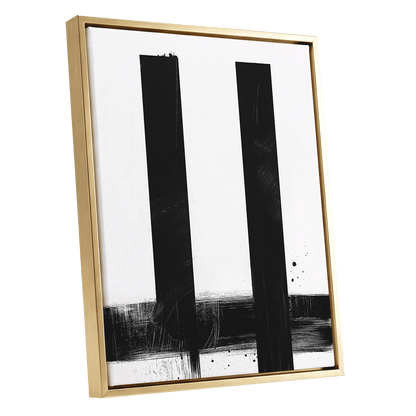 Twin Vertical Silence, black, white minimalist wall art shown as a gold framed canvas wall art