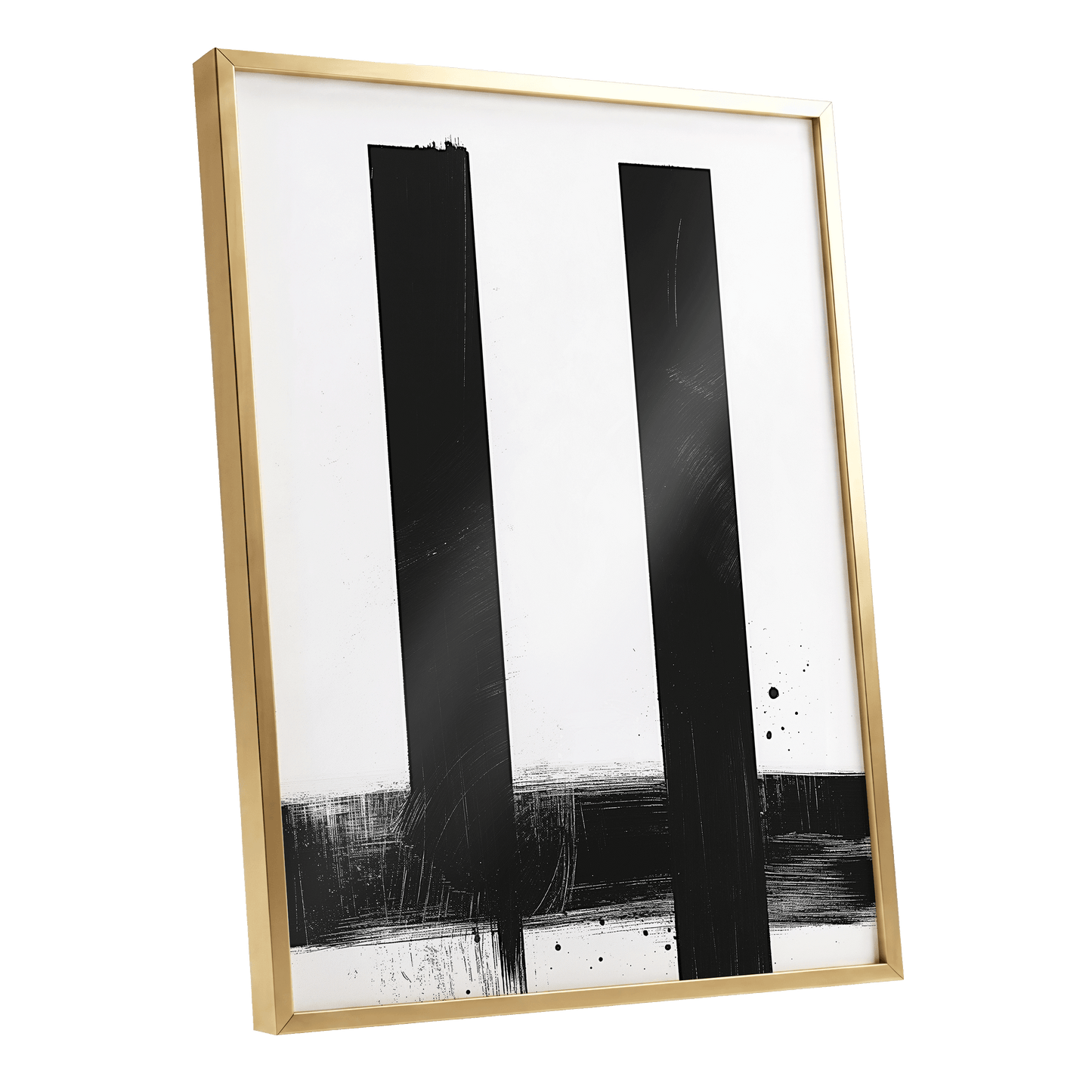 Twin Vertical Silence, black, white minimalist wall art shown as a gold framed poster wall art print