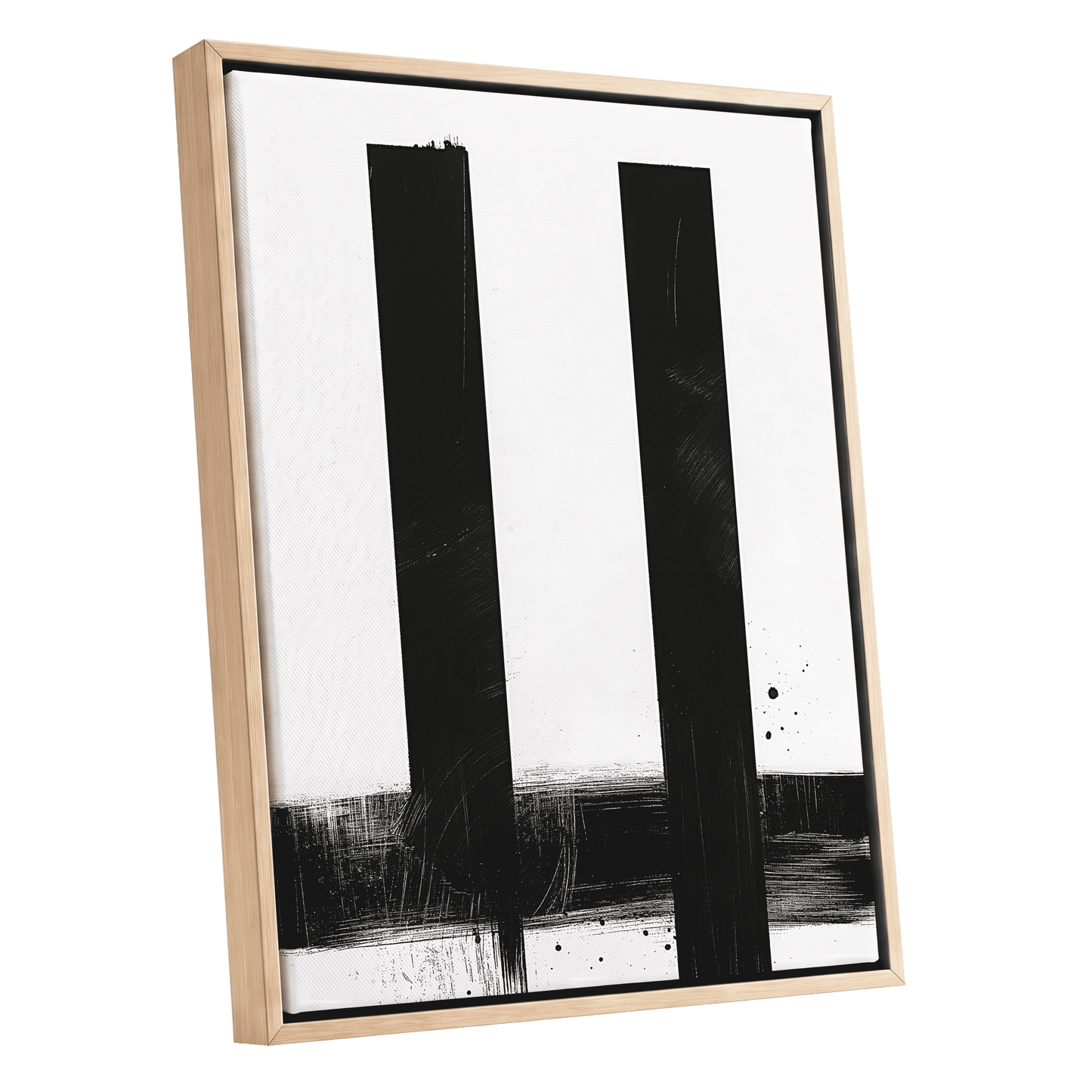 Twin Vertical Silence, black, white minimalist wall art shown as a oak framed canvas wall art