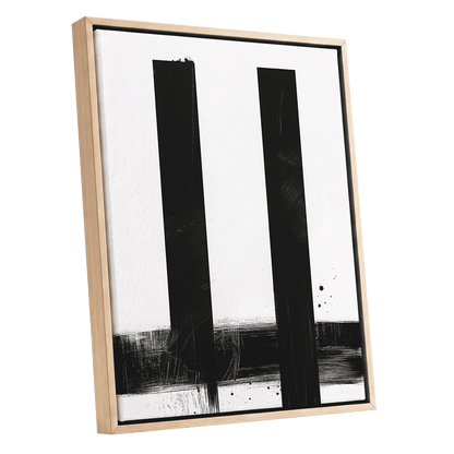 Twin Vertical Silence, black, white minimalist wall art shown as a oak framed canvas wall art