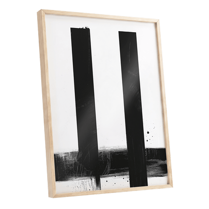Twin Vertical Silence, black, white minimalist wall art shown as a oak framed poster wall art print