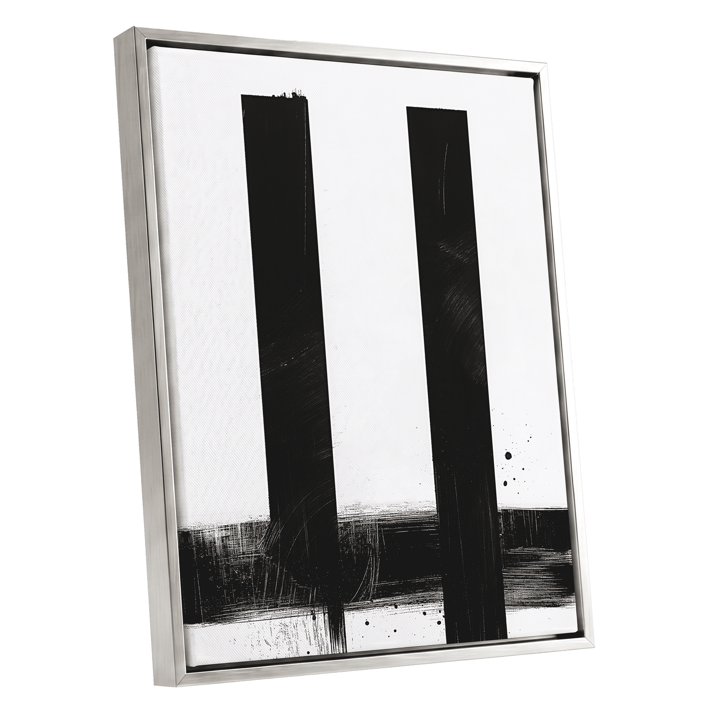 Twin Vertical Silence, black, white minimalist wall art shown as a silver framed canvas wall art