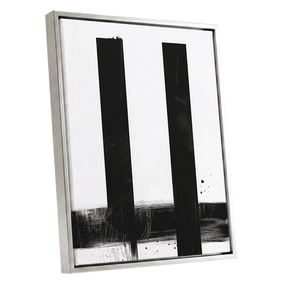 Twin Vertical Silence, black, white minimalist wall art shown as a silver framed canvas wall art