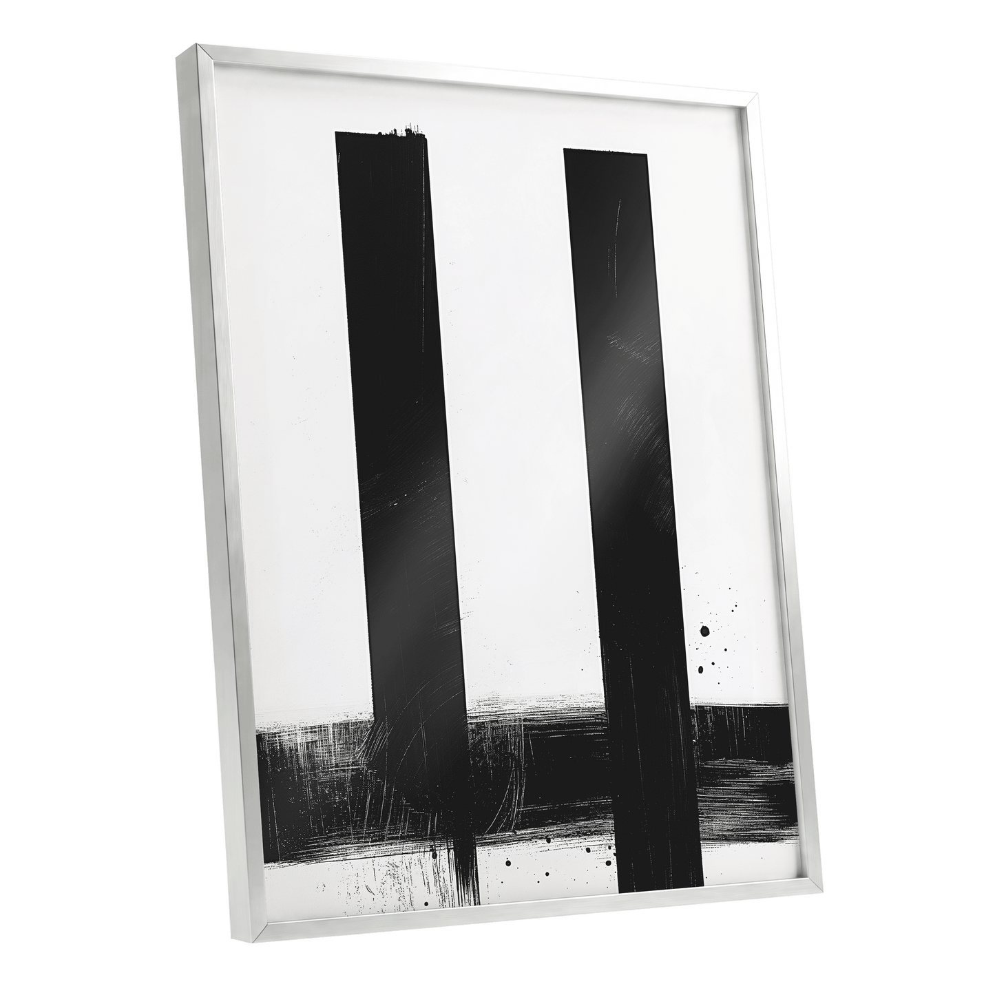 Twin Vertical Silence, black, white minimalist wall art shown as a silver framed poster wall art print