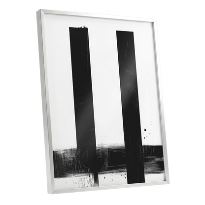 Twin Vertical Silence, black, white minimalist wall art shown as a silver framed poster wall art print