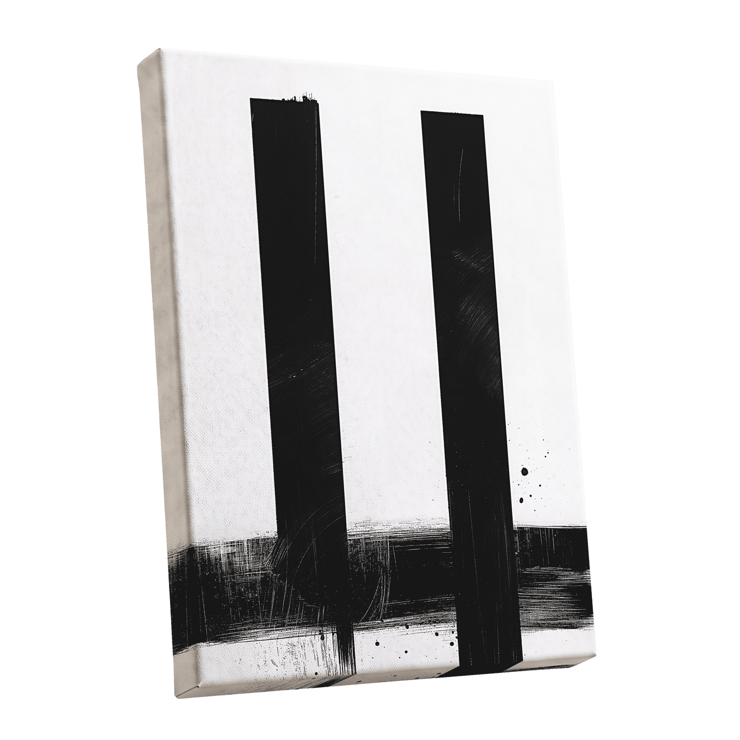 Twin Vertical Silence, black, white minimalist wall art shown as a stretched canvas wall art