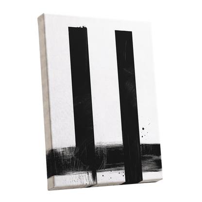 Twin Vertical Silence, black, white minimalist wall art shown as a stretched canvas wall art