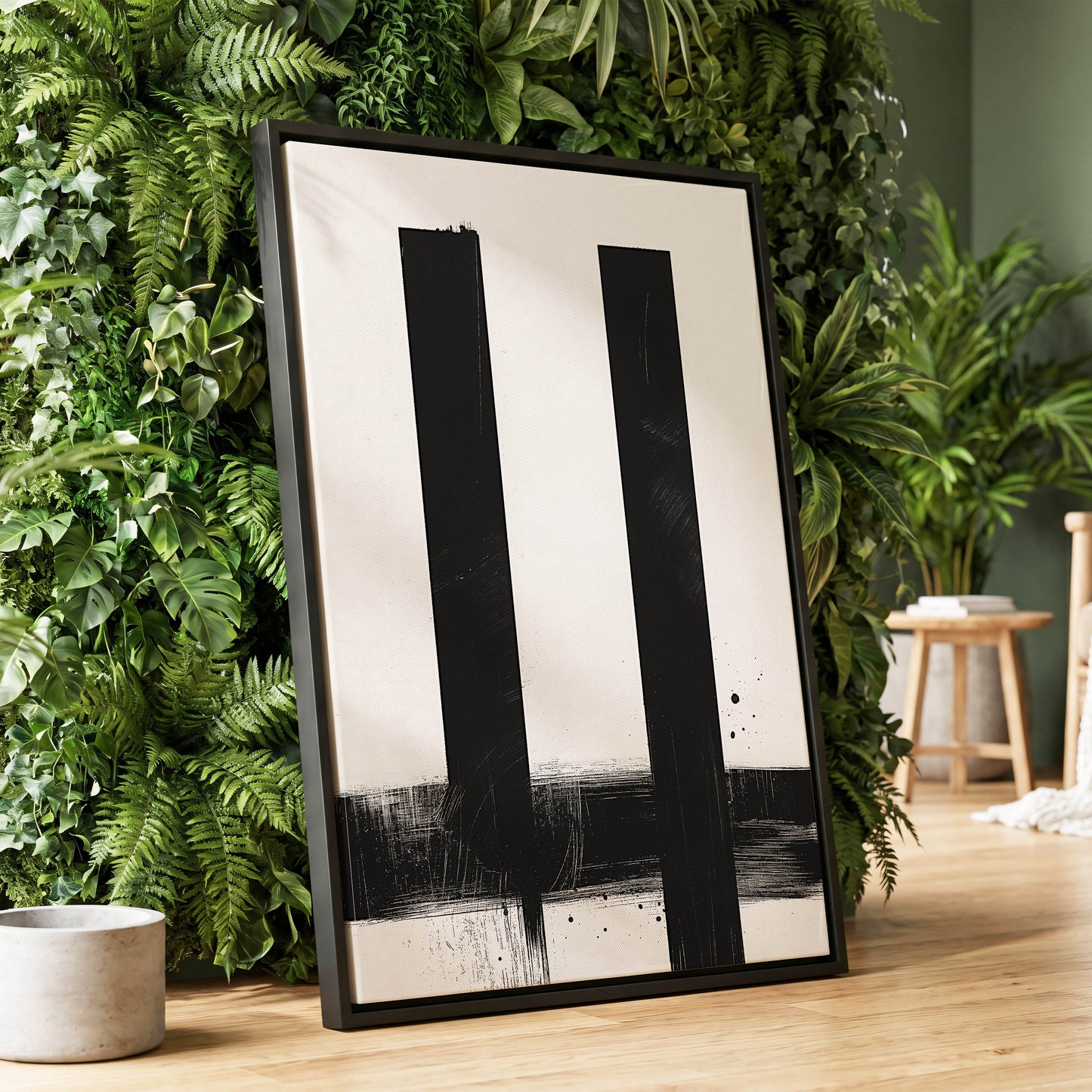 Twin Vertical Silence, black, white minimalist wall art displayed in a styled interior, gallery view 1