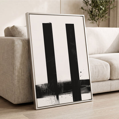 Twin Vertical Silence, black, white minimalist wall art displayed in a styled interior, gallery view 2