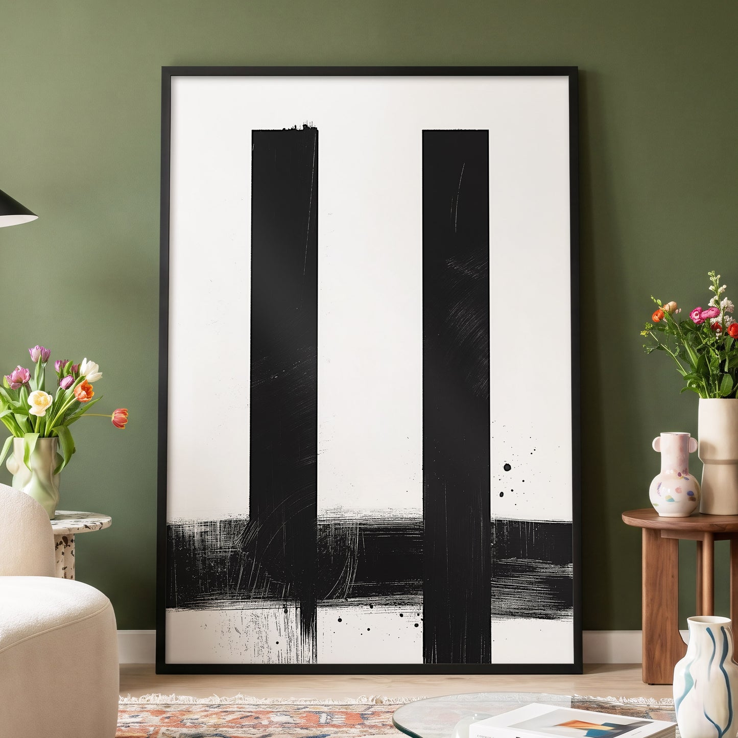 Twin Vertical Silence, black, white minimalist wall art displayed in a styled interior, gallery view 4