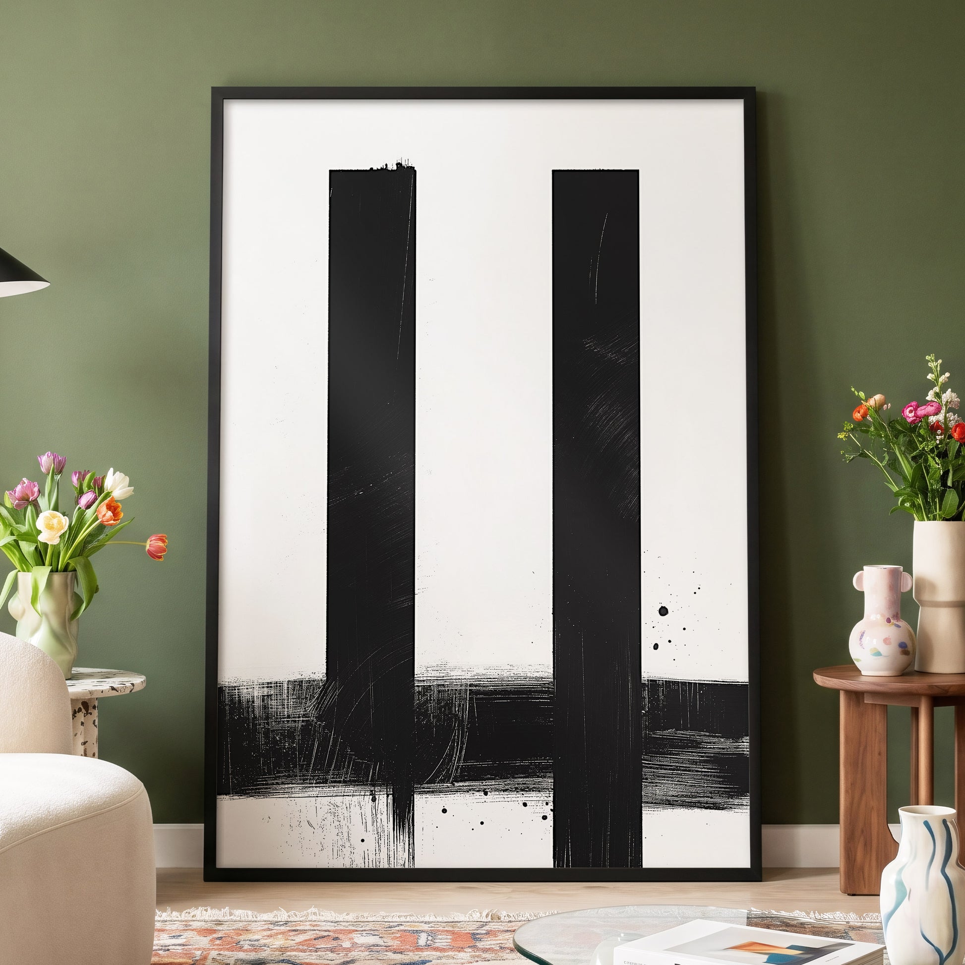 Twin Vertical Silence, black, white minimalist wall art displayed in a styled interior, gallery view 4