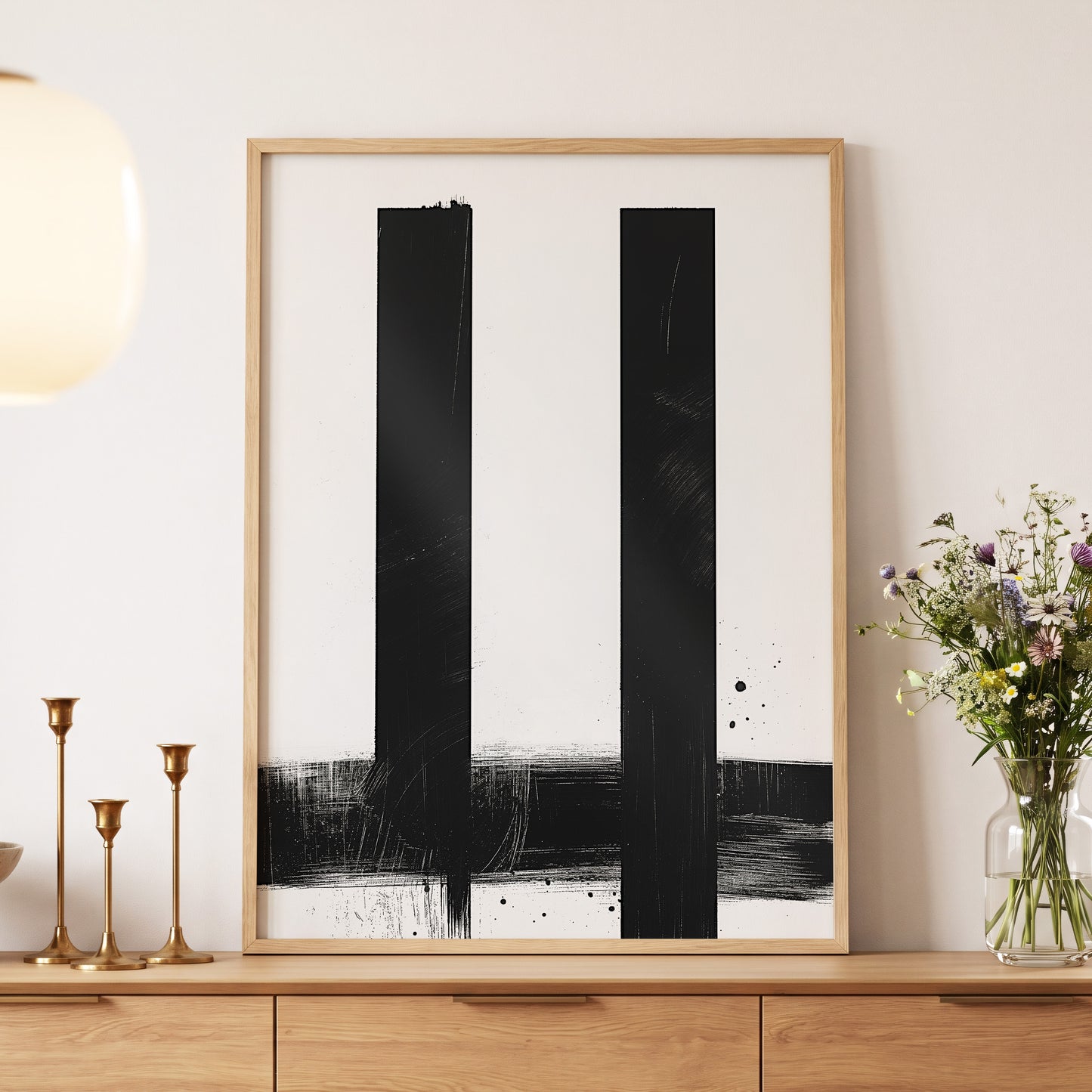 Twin Vertical Silence, black, white minimalist wall art displayed in a styled interior, gallery view 5