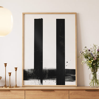 Twin Vertical Silence, black, white minimalist wall art displayed in a styled interior, gallery view 5
