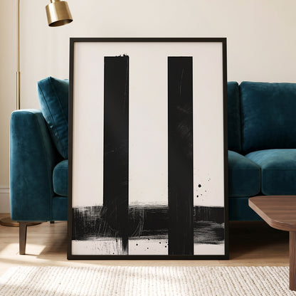 Twin Vertical Silence, black, white minimalist wall art displayed in a styled interior, gallery view 6